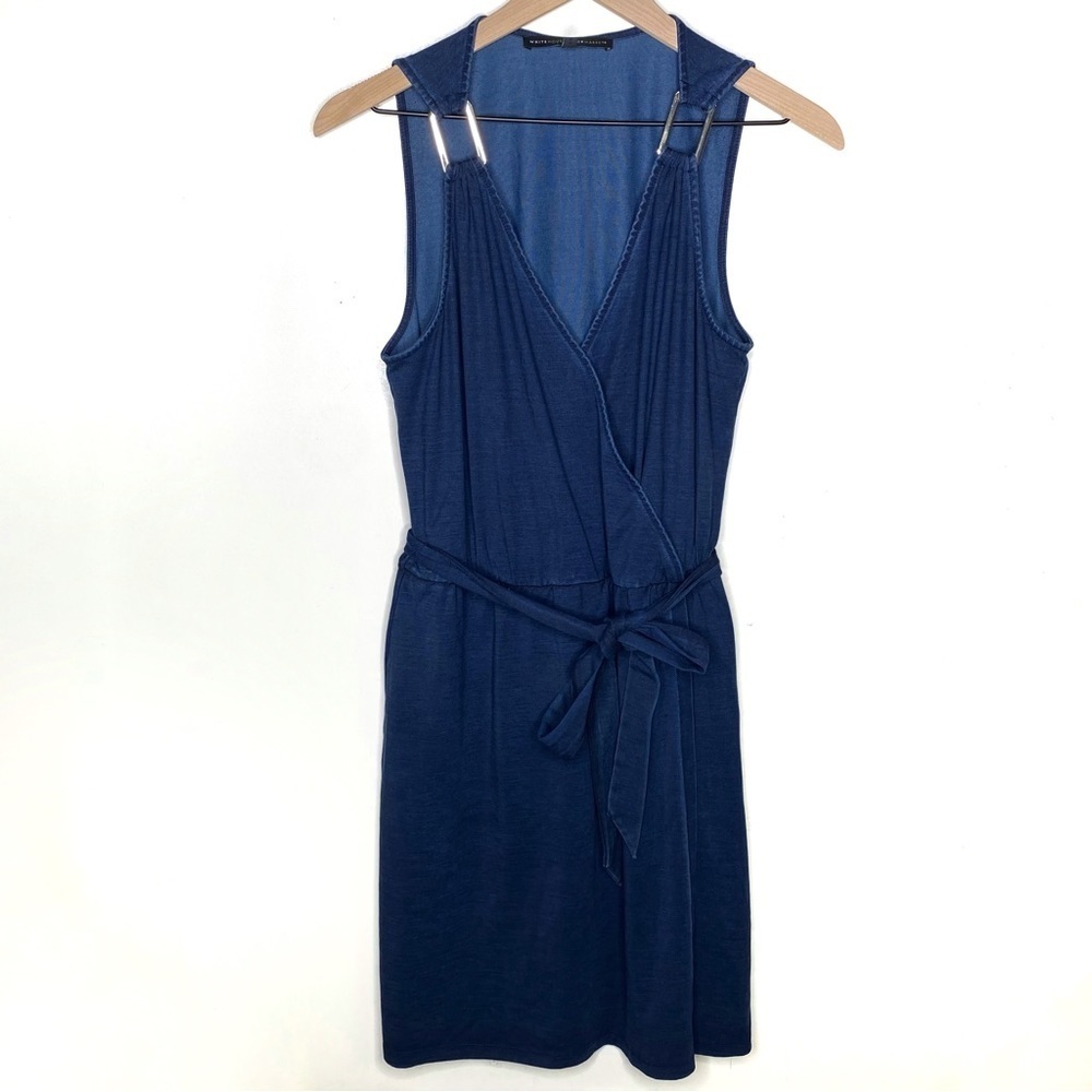 WHBM Blue Wrap Dress Midi Sleeveless Surplice Tie Waist Career Work 8